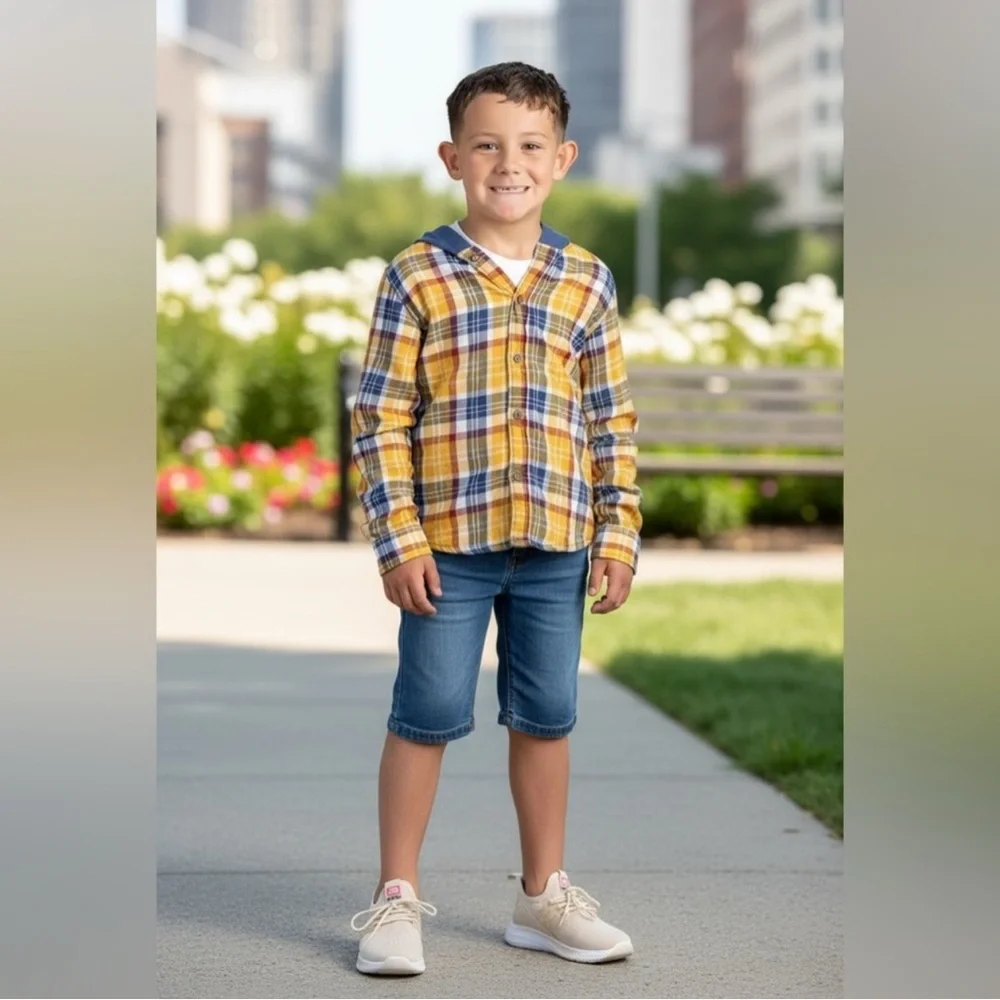 Carters Hooded Boy’s Button Down - Blue and Yellow and Burgundy Size 10